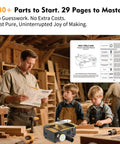 Family workshop setting with a man showing a manual and an Ultra Compact Mini Table Saw for Crafters and DIYers on the table.