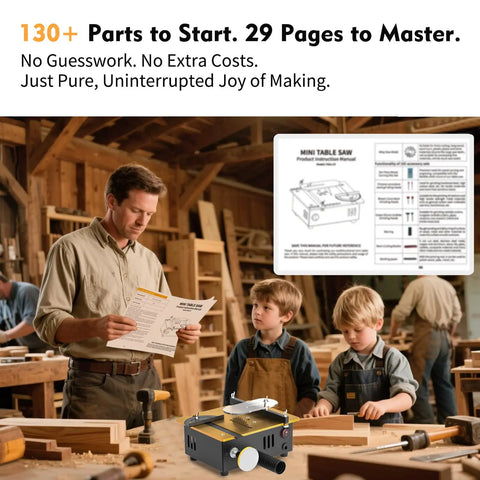 Family workshop setting with a man showing a manual and an Ultra Compact Mini Table Saw for Crafters and DIYers on the table.