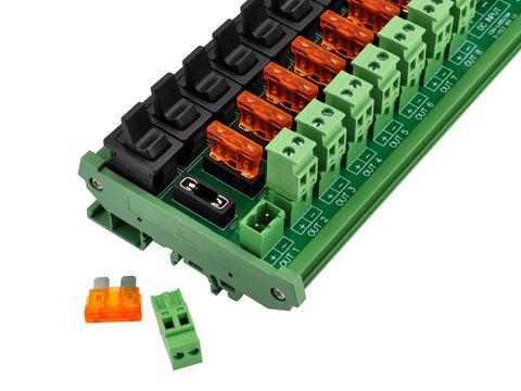16 Channel Power Distribution Module With Rocker Switch And Fused Pluggable Side Wiring Terminal Block DIN Rail And Screw Mount Supports 5 To 32V DC And Up To 52 Amps Dual Input Terminal Block For Easy Install Wiring