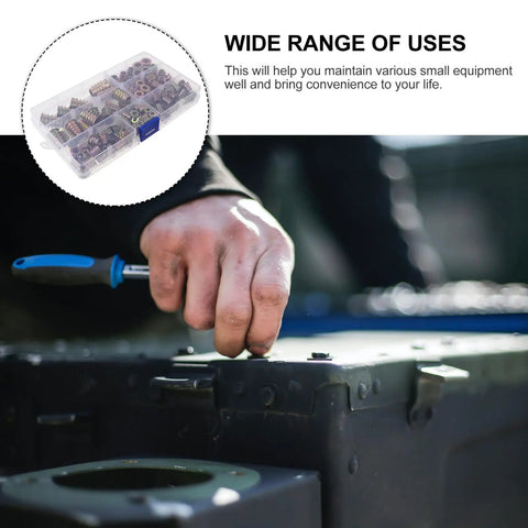Person using Heavy Duty Zinc Alloy T Nut Insert Kit For Woodworking And T Slot Track Applications, 120 Pcs Lock Nut Set on metal surface.