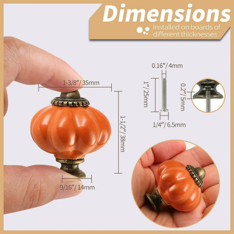 Orange Pumpkin Ceramic Cabinet Knobs Six Pack With Mounting Screws Vintage Drawer Pulls, hand-held showing dimensions.