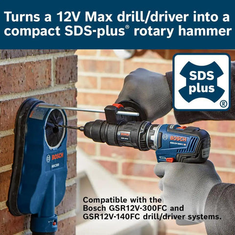 Compact SDS-Plus Rotary Hammer Attachment Turns Your 12V Max Drill Into a Tough as Nails Concrete Hammer in use on brick wall