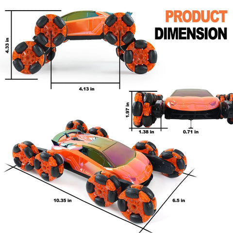 QPOU 8-Wheel RC stunt car toy, orange body with black tires on orange wheel modules.