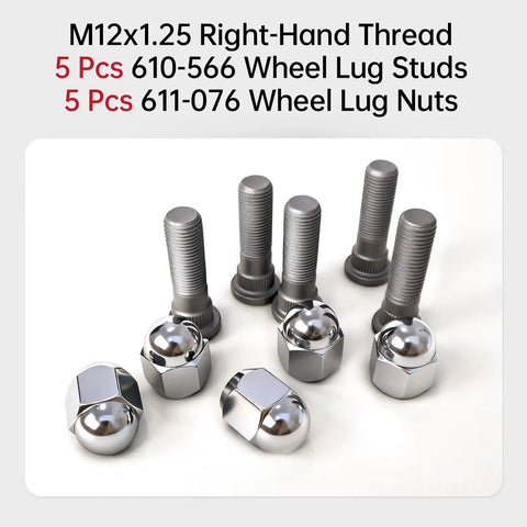 Subaru M12 Wheel Lug Studs And Lug Nuts Kit showing 5 studs and 5 nuts, silver color, for 2019-2024 Subaru models