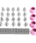 Heavy Duty 44 Piece Welding Torch Nozzle And Collet Guard Cap Replacement Kit With Premium Ceramic Steel Construction For Plasma Cutter AG60 SG55 Upgrades, showing nozzle and cap components.