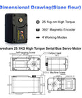 Built Tough 25Kg High Torque Serial Bus Servo Motor 12 Volt with dimensional drawing and specs for robotics use.