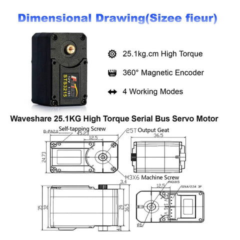 Built Tough 25Kg High Torque Serial Bus Servo Motor 12 Volt with dimensional drawing and specs for robotics use.