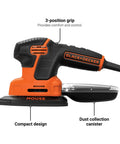 Side view of Pro Grade Detail Sander with 1.2 Amp Motor 16,000 OPM Compact Corded Power Three Position Comfort Grip Dust Collector