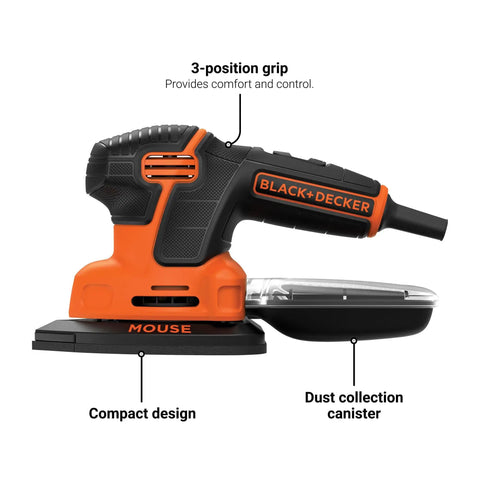 Side view of Pro Grade Detail Sander with 1.2 Amp Motor 16,000 OPM Compact Corded Power Three Position Comfort Grip Dust Collector