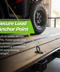 Lock Down Your Rig With 10 Piece 1/4 Inch Steel D Ring Tie Down Anchors 2400 Lbs Heavy Duty muscle surface mount lashing hooks to secure truck bed trailer van ATV and boat cargo through rough terrain finished in black with secure load anchor point on trailer.