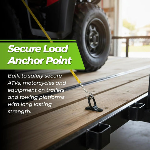 Lock Down Your Rig With 10 Piece 1/4 Inch Steel D Ring Tie Down Anchors 2400 Lbs Heavy Duty muscle surface mount lashing hooks to secure truck bed trailer van ATV and boat cargo through rough terrain finished in black with secure load anchor point on trailer.