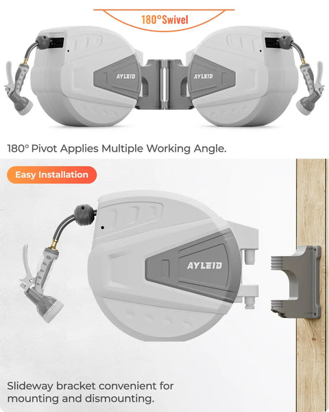 Easy Rewind Retractable Garden Hose Reel With Wall Mount, One Hundred Foot Five Eighth Inch Hose, 180 Degree Swivel Bracket, Gray