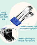 Hefty Grip Stainless Steel Clothes Pins showing rubber-coated tips and strong grip, designed for laundry and pantry organization.