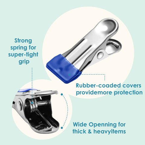 Hefty Grip Stainless Steel Clothes Pins showing rubber-coated tips and strong grip, designed for laundry and pantry organization.