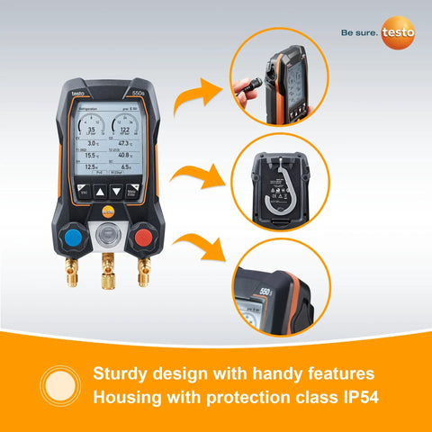 Pro Grade AC Manifold Gauge Set For HVAC Pros And Refrigeration With Bluetooth Micron Gauge And Two Pipe Clamp Thermometers Includes T115i And T552i For Precise Temperature And Pressure Readings And Easy Recharge Kit, front view