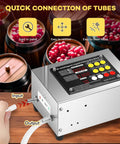 Pro Grade Liquid Filling Machine 1 To 100 Oz Bottle Filler with tube connections, showing input and output, on a wooden table.