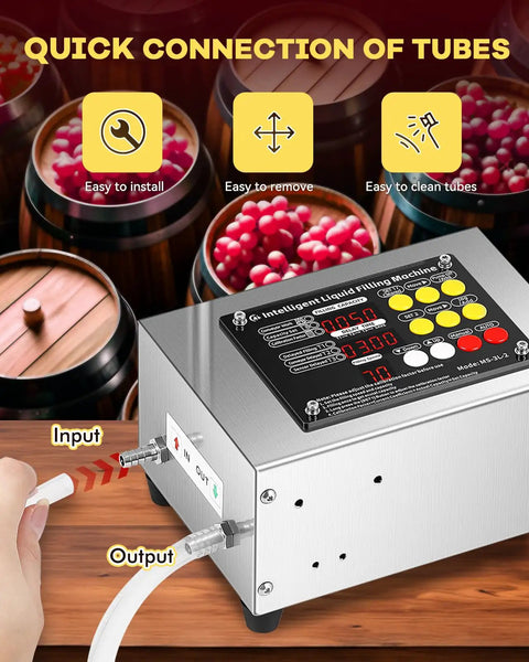 Pro Grade Liquid Filling Machine 1 To 100 Oz Bottle Filler with tube connections, showing input and output, on a wooden table.