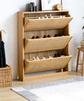 Ultra Slim Wooden Shoe Rack With Swinging Doors And Wide Top Counter Built For Tight Hallways And Mudrooms To Keep Your Kicks Stacked In A Super Slick Walnut Finish showcasing shoes behind open doors.