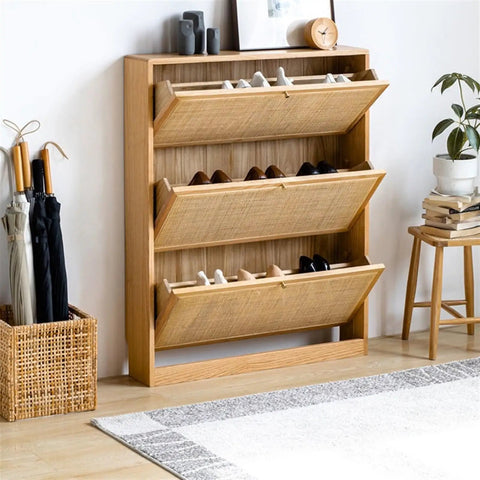 Ultra Slim Wooden Shoe Rack With Swinging Doors And Wide Top Counter Built For Tight Hallways And Mudrooms To Keep Your Kicks Stacked In A Super Slick Walnut Finish showcasing shoes behind open doors.