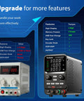 Side-by-side comparison of two bench power supplies, highlighting features of the 30V 10A Bench Power Supply With Encoder Knob Four Memory Presets OCP OVP Protection USB Type A And Type C Fast Charge Key Lock High Precision 0.001V 0.001A Display For Electronics Repair DIY Lab.