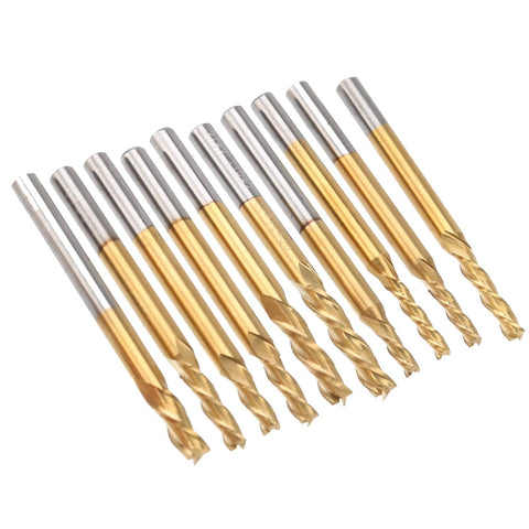 10-pack Ti-coated 3-flute end mills with round shanks.