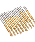 Set of 10 Ti-plated 3-flute end mills with round shanks for CNC machining hardwood, plywood, acrylic