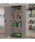 72 Inch Tall Resin Garage Organization Storage Cabinet Freestanding Utility Closet With Shelving For Garden Supplies Paint Cans And Outdoor Tools Lockable Platinum Finish Built Tough And Rust Resistant