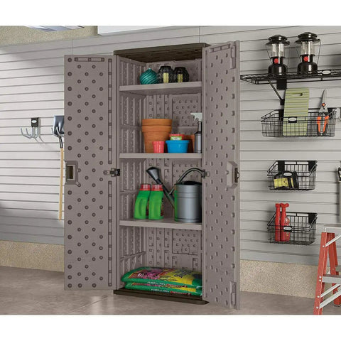 72 Inch Tall Resin Garage Organization Storage Cabinet Freestanding Utility Closet With Shelving For Garden Supplies Paint Cans And Outdoor Tools Lockable Platinum Finish Built Tough And Rust Resistant