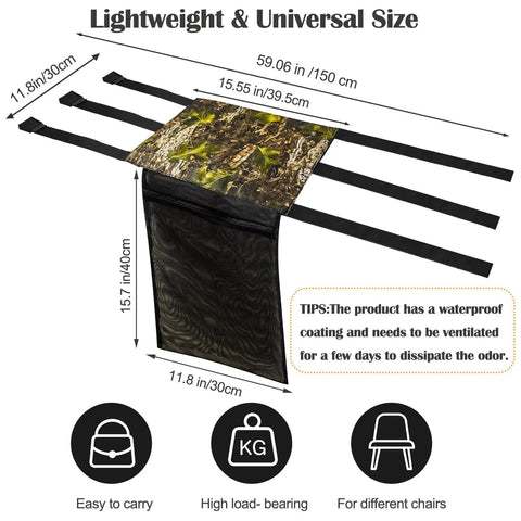 Diagram of Lightweight 16X12 Inch Tree Stand Seat Replacement with straps and pocket, waterproof coating, universal fit guide.