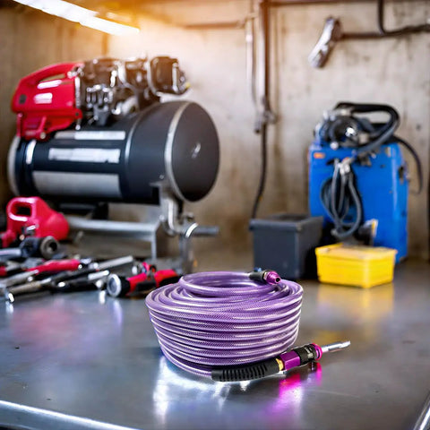 One Quarter Inch Polyurethane Air Hose Reinforced Lightweight Compressor Tubing Finish Safe And Slick Built Tough With Zero Drag For Auto Repair And Real Shop Grind Daily on a workbench.