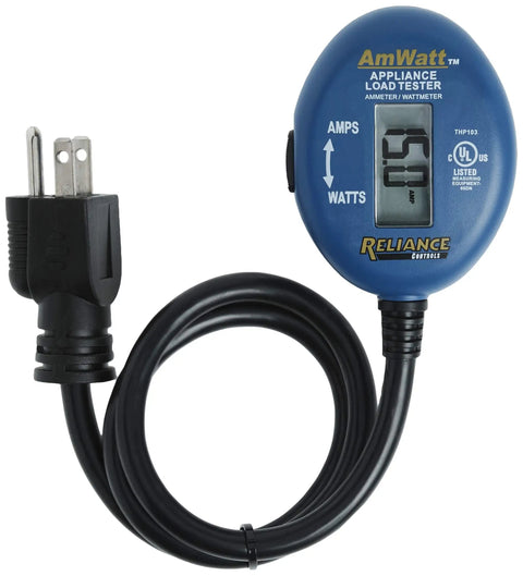 AmWatt Appliance Load Tester Plug With Digital Amp And Watt Readout, Switch Between Amps And Watts, 15 Amp Capacity, 125 To 1875 Watt Range, 26 Inch Cord Reaches Remote Outlets, Blue, black plug and cord