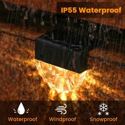 8 Pack Outdoor Solar Deck Lights Waterproof LED Step Lights glowing in rain showing IP55 waterproof feature for patio or driveway use.
