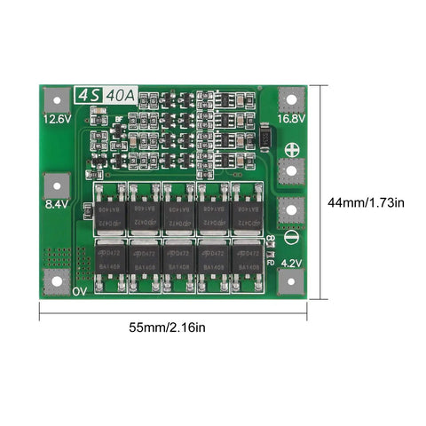 Heavy Duty 2 Pack 4S 40A 16.8V Lithium Battery BMS Protection Board showing circuit layout and dimensions on a green PCB.