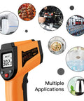 Non-Contact Infrared Temperature Gun For Quick Temp Readings, -50 C To 400 C, -58 F To 752 F, Handy IR Thermometer For Industrial Use, Kitchen, Ovens, Grilling, Auto Repair, Home DIY, Orange showing multiple uses