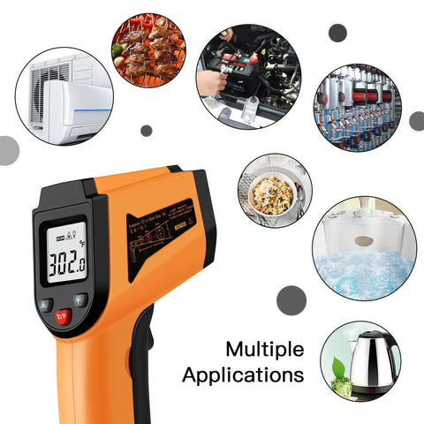 Non-Contact Infrared Temperature Gun For Quick Temp Readings, -50 C To 400 C, -58 F To 752 F, Handy IR Thermometer For Industrial Use, Kitchen, Ovens, Grilling, Auto Repair, Home DIY, Orange showing multiple uses