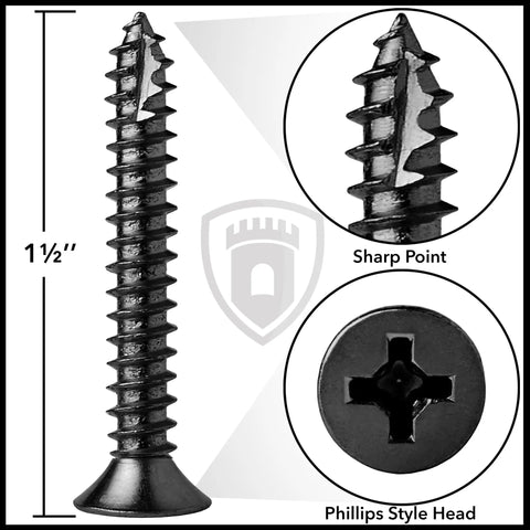 Heavy Duty Black Wood Screws For Door Hinges Nine By One And One Half Inch Pack black 1 1/2 in steel screw with sharp point and Phillips head