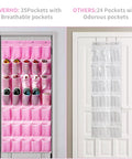 Comparison of pink over the door shoe organizer with 35 pockets next to a clear 24-pocket organizer, both hanging on doors.