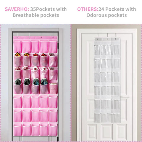Comparison of pink over the door shoe organizer with 35 pockets next to a clear 24-pocket organizer, both hanging on doors.
