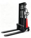 3300 Lbs Semi Electric Pallet Stacker Walkie Model With 94 Inch Max Lift, black and red design, ideal for warehouse lifting.