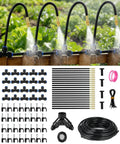 130 Ft Drip Irrigation Kit For Garden With 20 Adjustable Sprayers And One Quarter Inch Tubing shown with components and sprayers.