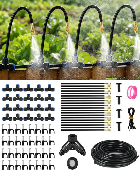 130 Ft Drip Irrigation Kit For Garden With 20 Adjustable Sprayers And One Quarter Inch Tubing shown with components and sprayers.