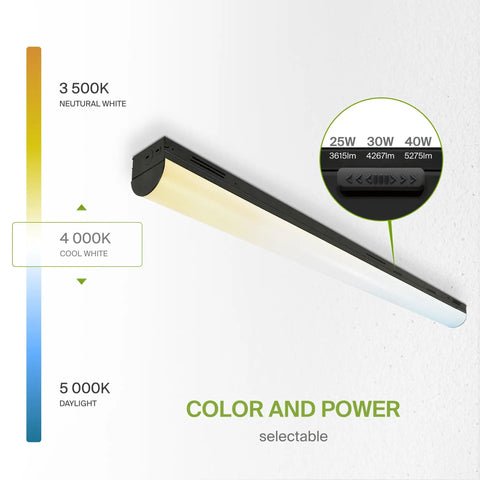 4-Foot Linear LED Shop Lights With Emergency Backup Battery 25W-40W 120-277V 3500K-5000K, color and power selectable.