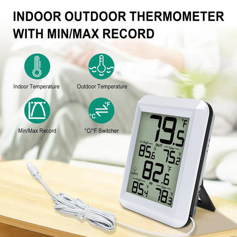 Digital Indoor Outdoor Thermometer With Wired Probe All In One Temperature Monitor, LCD display on desk with probe and min/max record