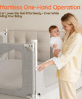 Woman adjusting Queen Size Three Sided Toddler Bed Rail Guard With Dual Button Safety Lock Adjustable For Baby And Kids.