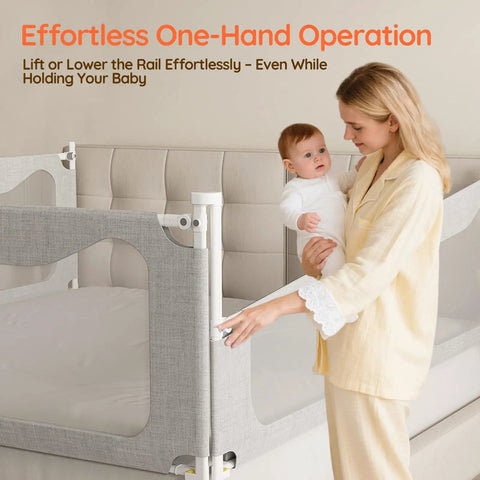 Woman adjusting Queen Size Three Sided Toddler Bed Rail Guard With Dual Button Safety Lock Adjustable For Baby And Kids.