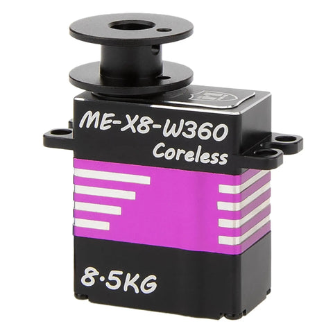 Close-up of 360 Degree RC Winch Servo, 8.5KG Coreless Torque for Axial SCX10 Capra UTB 1.9 And Traxxas RC Cars, black and purple design.