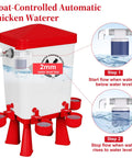 3 Gallon Automatic Chicken Waterer with 5 Foot Pipe and Five Red Nipple Cups Float Control Poultry Gear seen from above with water level indications.