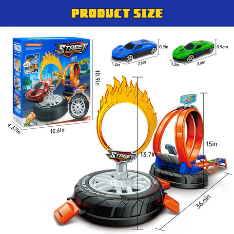 Transformable Tire Race Track Set For Kids 3 To 8 With Portable Handle Double Track Course 360 Degree Loops Two Racing Cars
