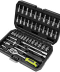46 Piece One Quarter Inch Drive Socket Set With Ratchet Wrench, Industrial Grade Chrome Vanadium, Metric Bit Sockets And Extension Bar, Heavy Duty Tool Kit For Auto Repair And Home Projects, Includes Thick Storage Case.