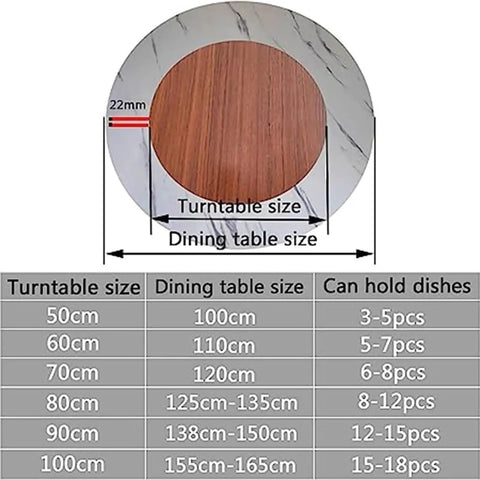 Size chart and specs for Big Wooden Dining Turntable With 360 Degree Rotation Lazy Susan Style Kitchen Rotating Tray